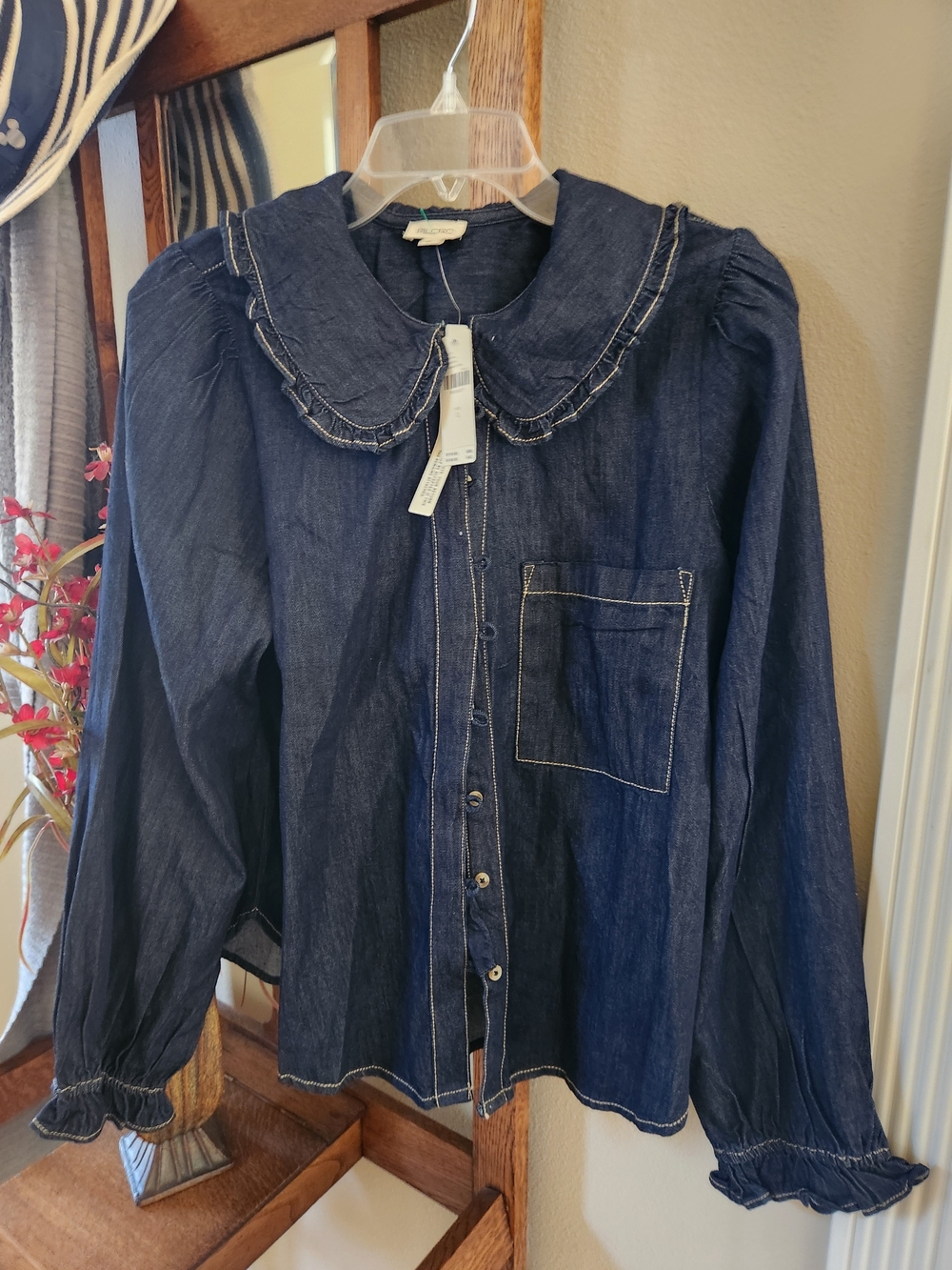 Pilcro Dark Blue Denim Button-Down Blouse/ Jacket with Ruffled Peter Collar